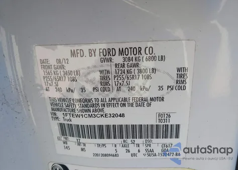 2012 Ford F-150 Xlt from USA, damaged, VIN 1FTEW1CM3CKE32048